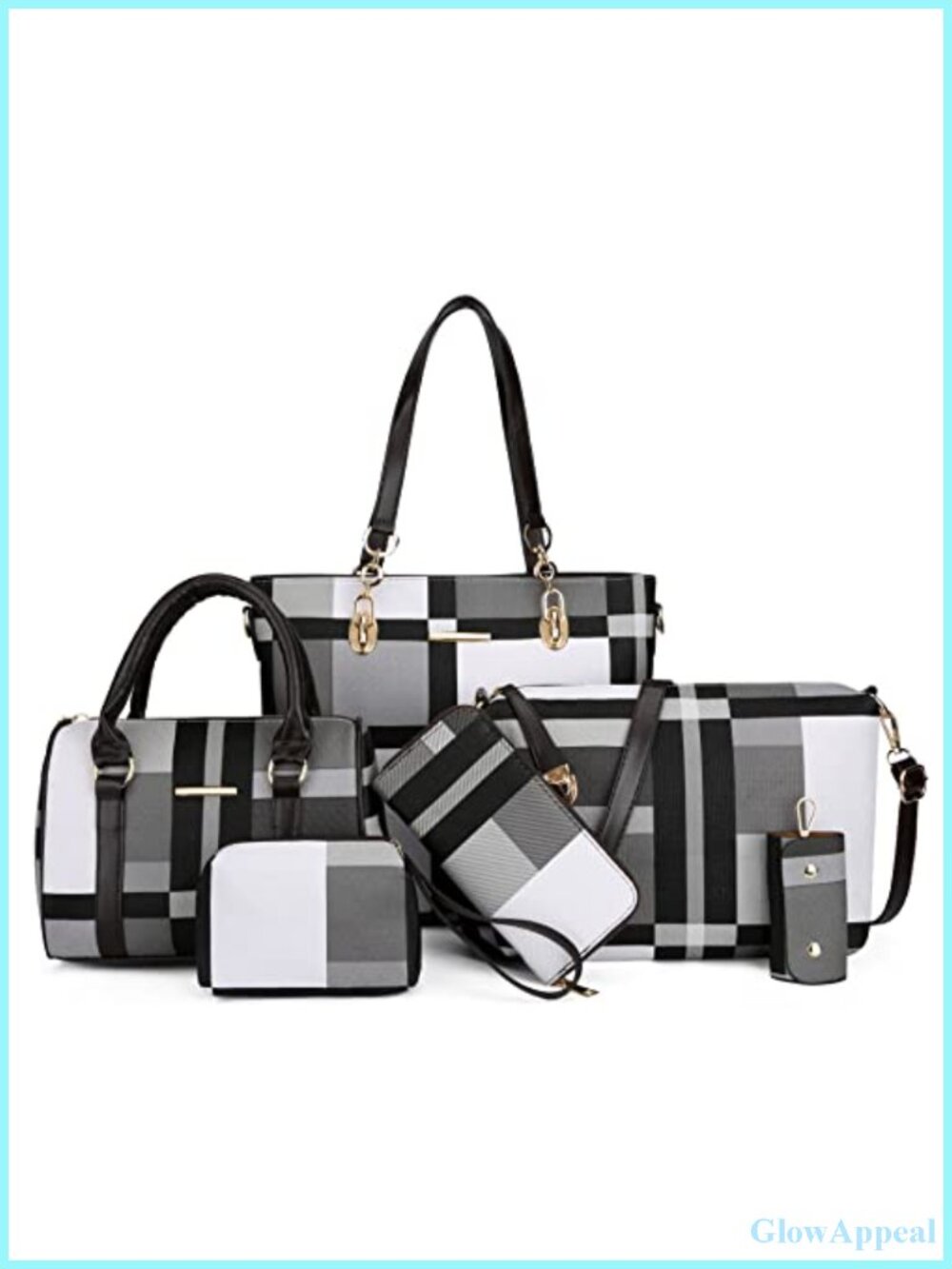 Women's Satchel Shoulder Bag Tote and Clutch Set Faux Leather 6 Piece Purse